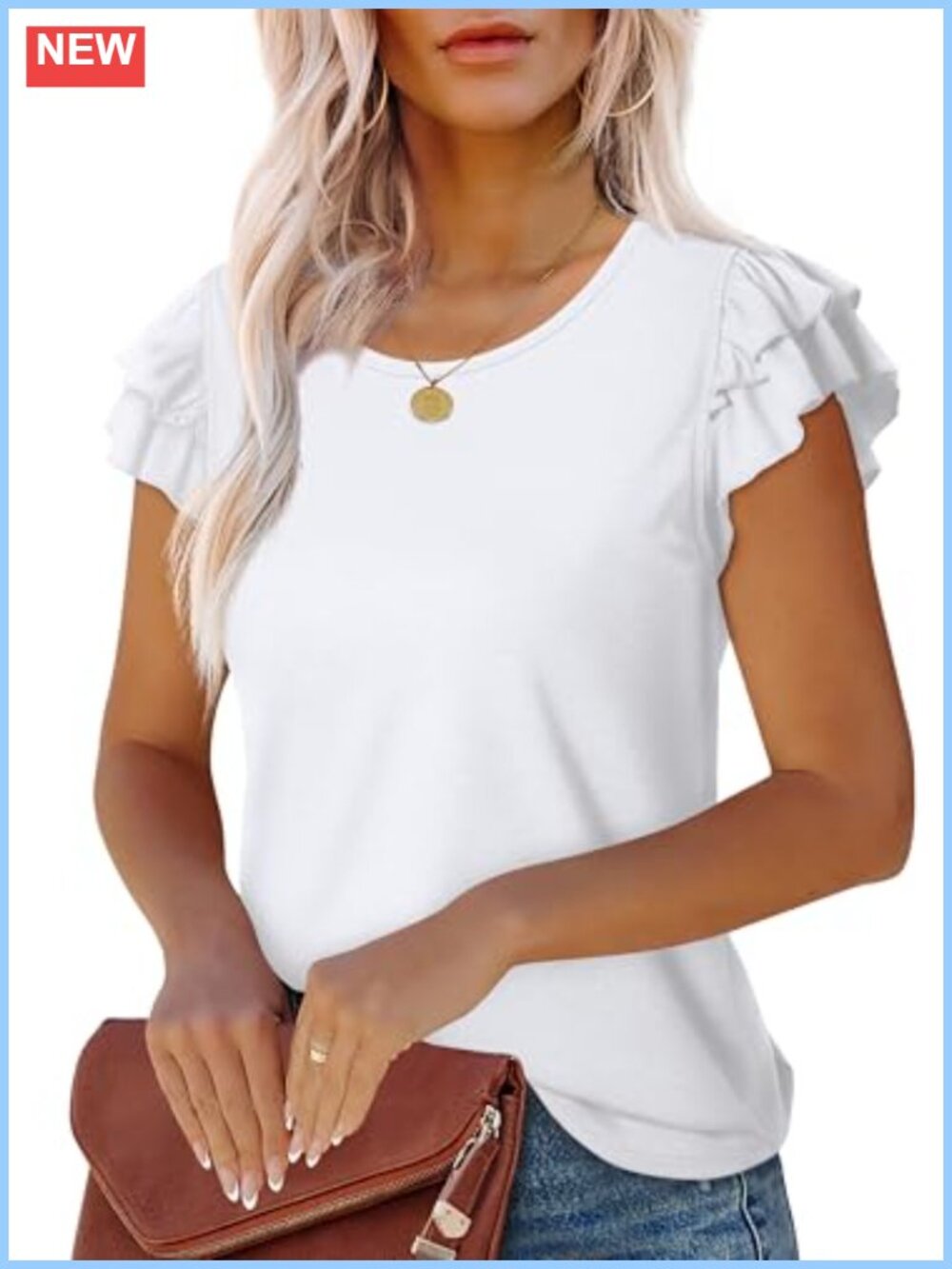 Ruffle Short Sleeve Loose Fit Crew Neck Summer Tee Casual Blouse